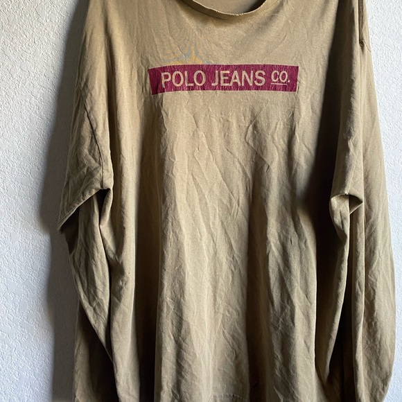 Vintage Y2K Ralph Lauren Polo Jeans Co. Trashed Grunge Tan Long Sleeve Shirt XL - Picture 3 of 15